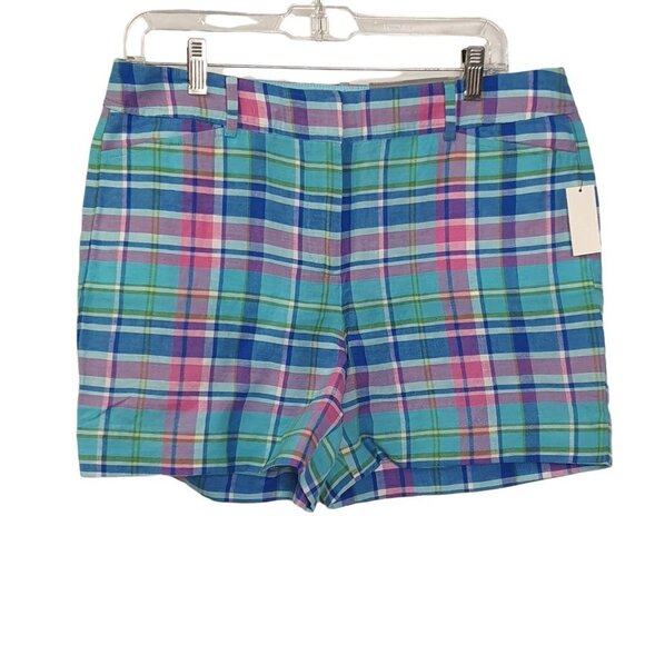 NEW TALBOTS Women's The Perfect Short Pastel Blue Pink Plaid Cotton Linen 10P - Picture 1 of 10